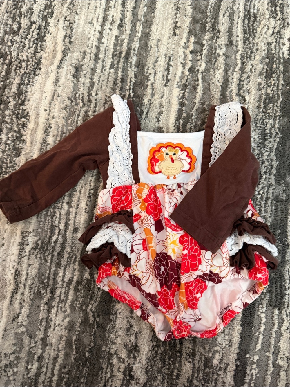 Brown & Floral Turkey-Trim Baby One-Piece